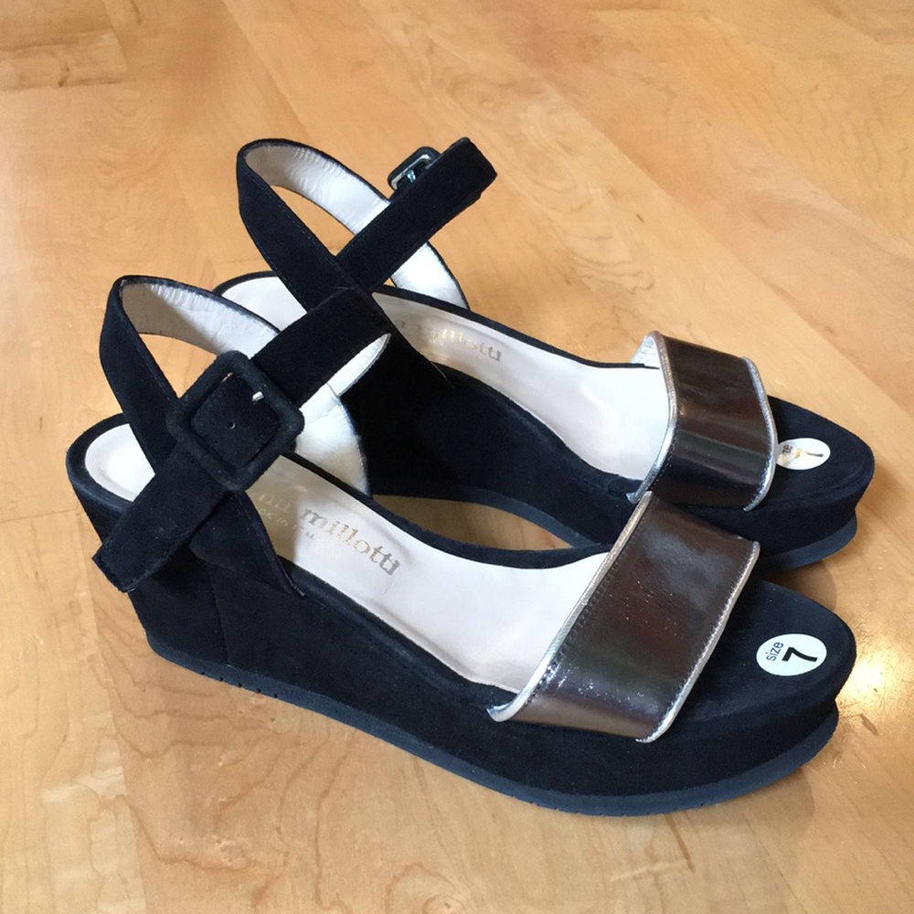 Cristina Millotti | Black Suede & Metallic Leather Wedge Sandals